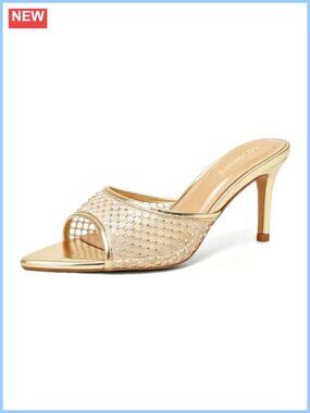 Mesh Rhinestone Mule Heeled Sandals 3 Inch Pointed Open Toe Slip On Heels